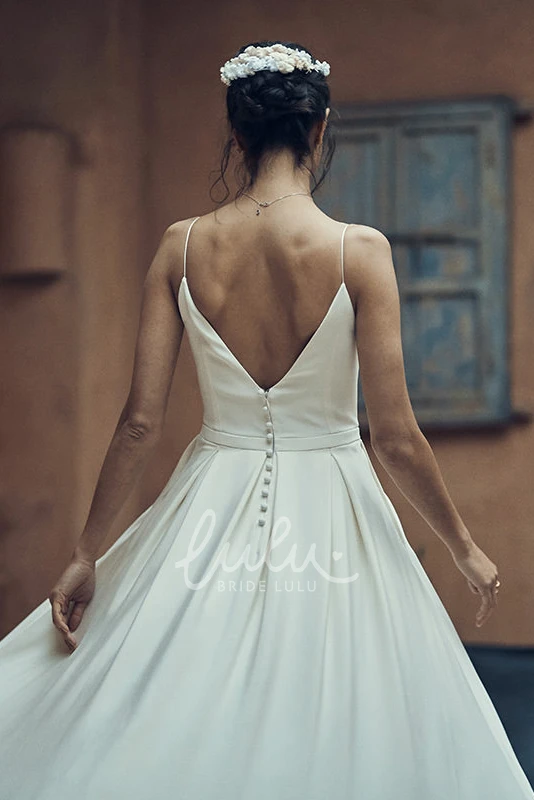 Elegant Minimalist Ankle-Length Bridal Gown with Pockets and Deep-V Back