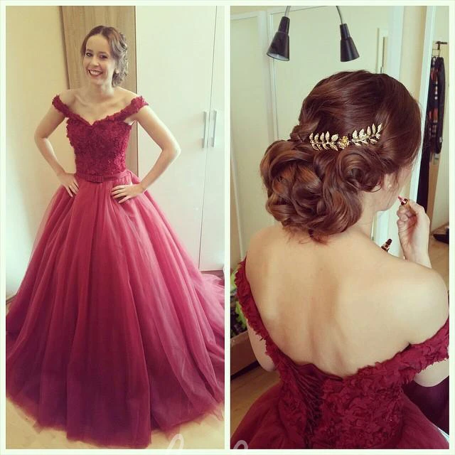 Lace Applique Off-Shoulder Prom Dress with Princess Style
