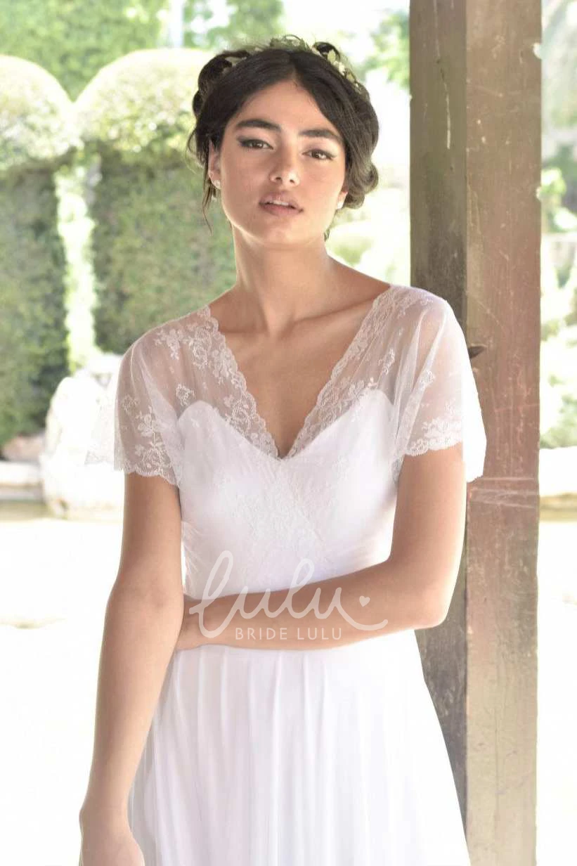 Deep-V Back Lace Chiffon Wedding Dress with Short Sleeves