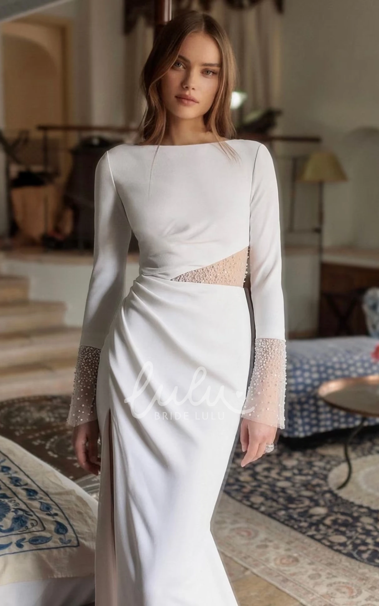 Sheath Jersey Bateau Split Front Ruched Wedding Dress Elegant and Modern