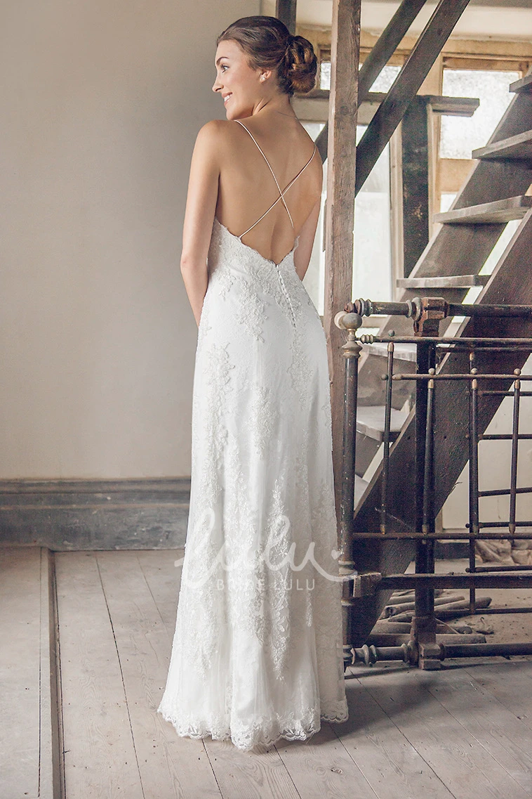 Sleeveless Lace Appliqued Wedding Dress Long Spaghetti