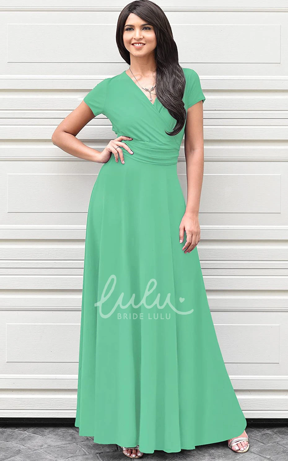 Simple Jersey V-neck A-line Evening Dress with Criss Cross and Pleats Prom Dress