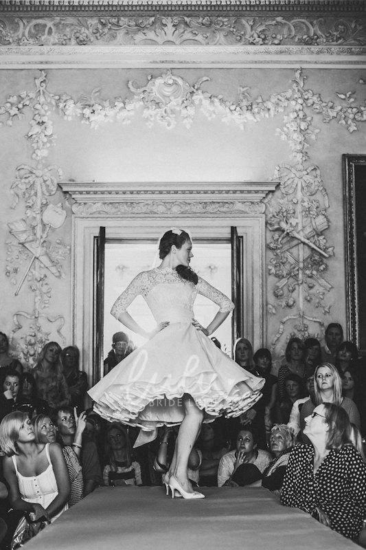 1950s Tea-Length Taffeta Wedding Dress High Neck Long Sleeve and Pleated A-Line