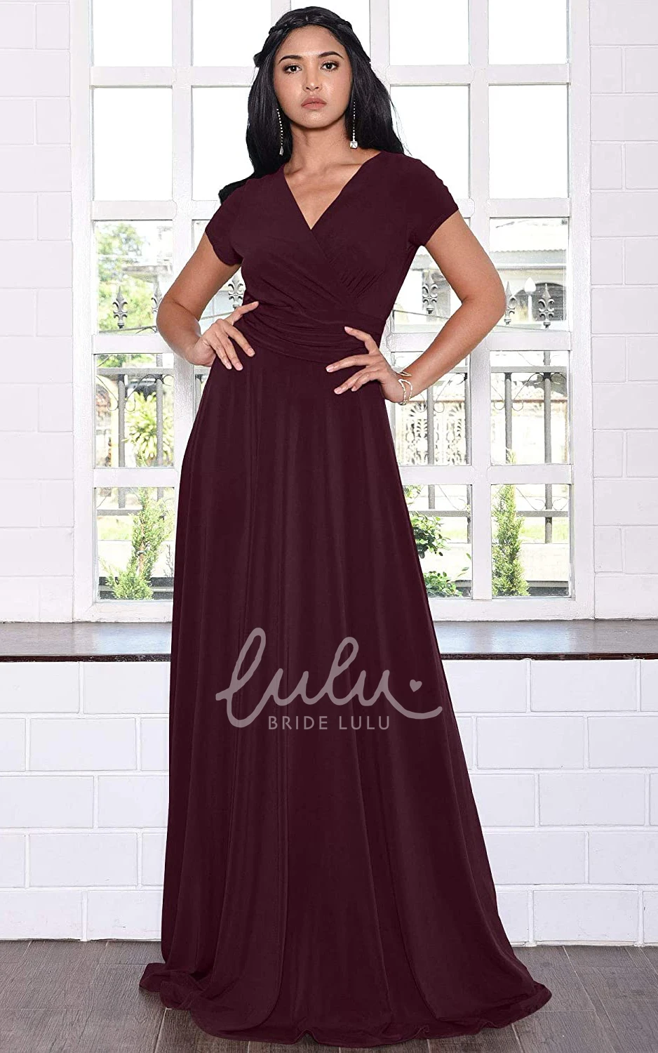 Simple Jersey V-neck A-line Evening Dress with Criss Cross and Pleats Prom Dress