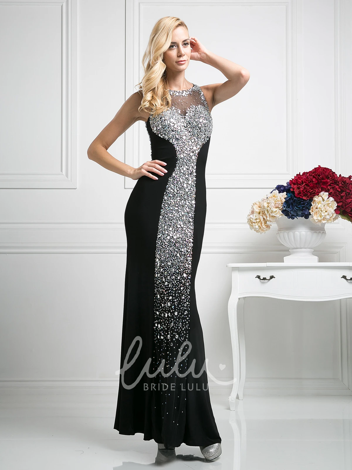 Crystal Detailing Chiffon Sheath Dress with Jewel-Neck and Keyhole