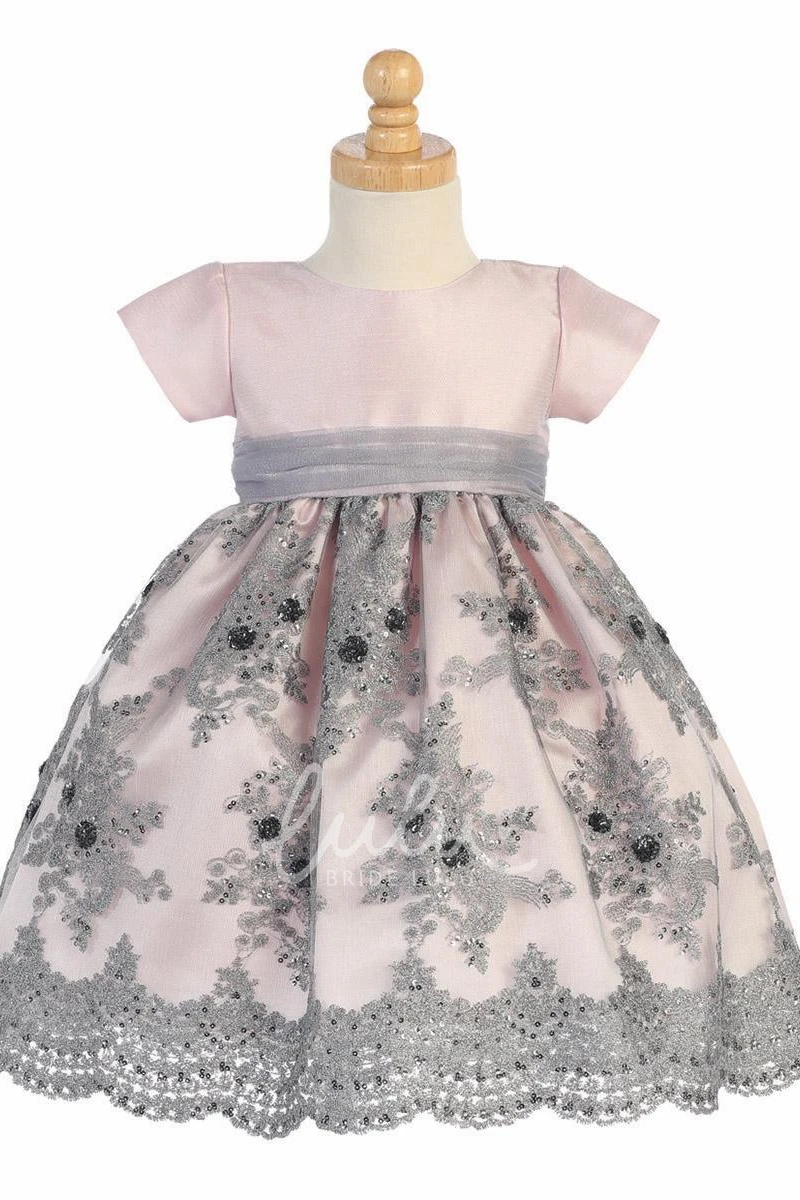 Embroidered Sequin Tulle Floral Dress with Sash Tea-Length Flower Girl Dress