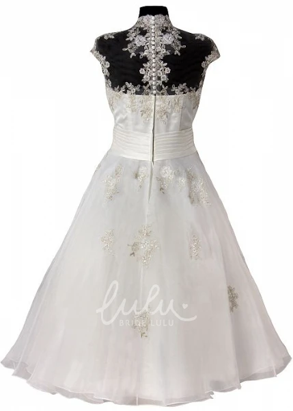 High Neck Cap-Sleeve Tea-Length Tulle Wedding Dress With Appliques A-Line Tea-Length Tulle Wedding Dress with Appliques and High Neck