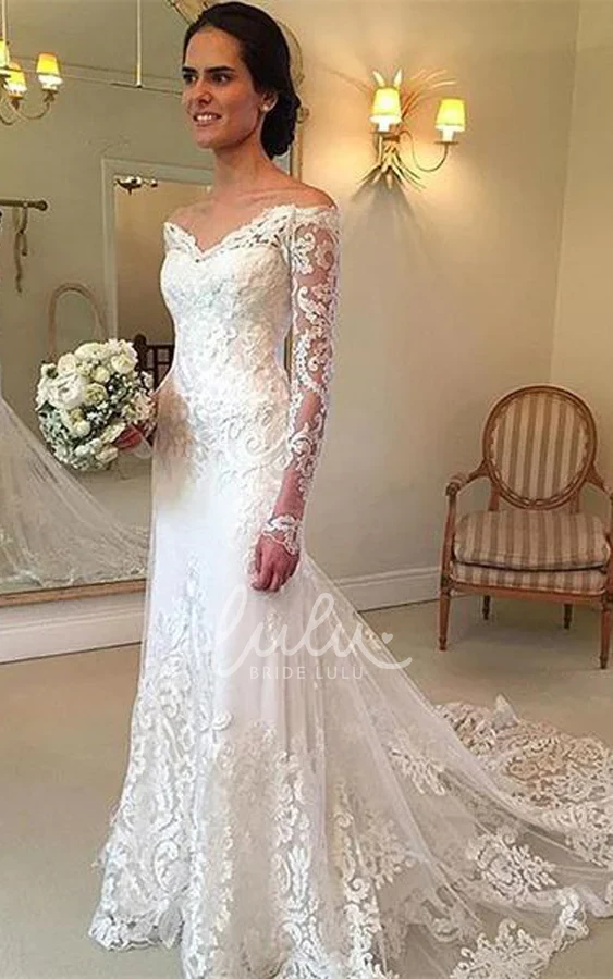 Mermaid Gorgeous Off-The-Shoulder Lace Boho Trumpet Wedding Dress Long Sleeves Glamorous Court Train Gown