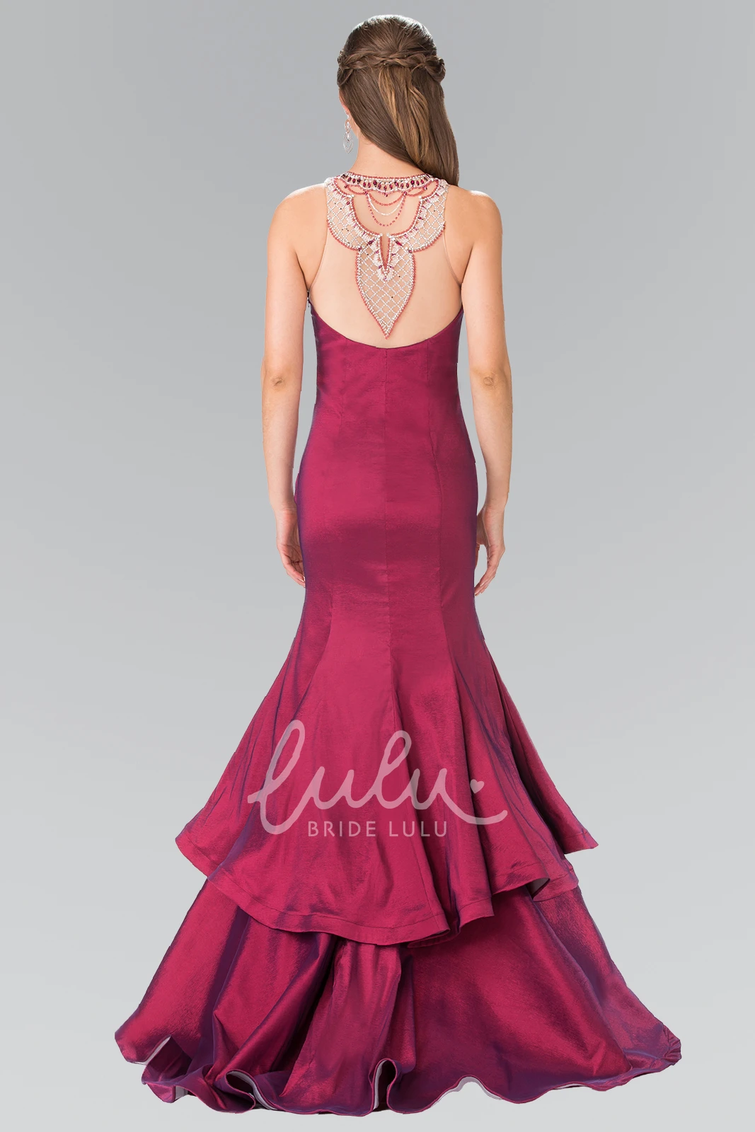 Satin Trumpet Sleeveless Illusion Bridesmaid Dress with Beading and Tiers