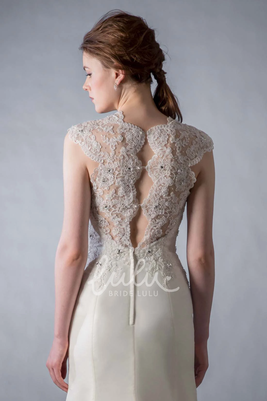 Cap-Sleeve Jewel Satin Sheath Wedding Dress with Illusion Back and Beading