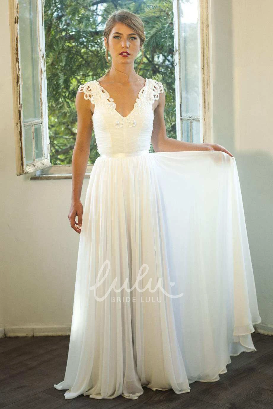 Backless Chiffon Ruched Wedding Dress with Appliqued Cap Sleeves