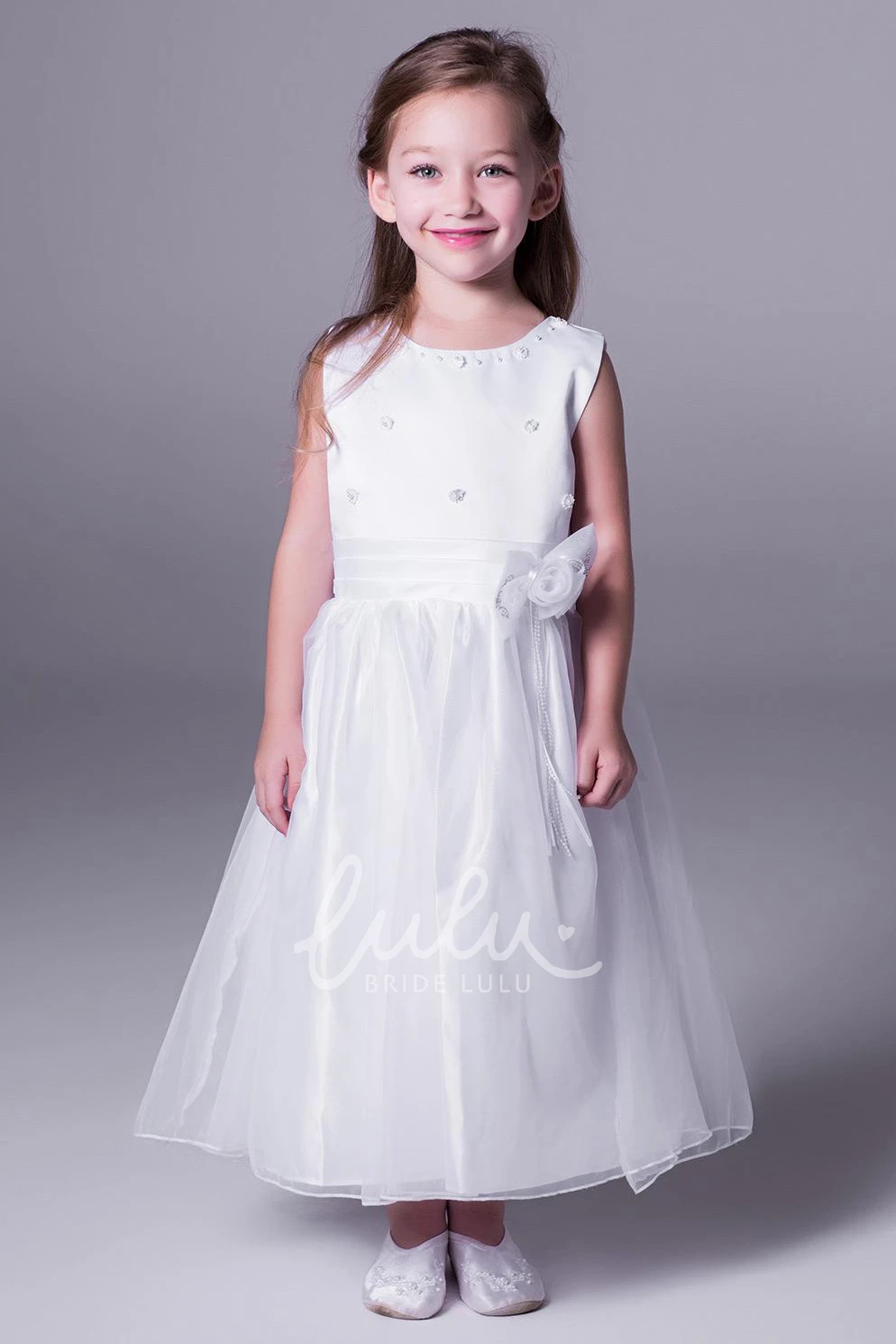Floral Satin A-Line Tea-Length Flower Girl Dress with Bow Elegant Wedding Dress