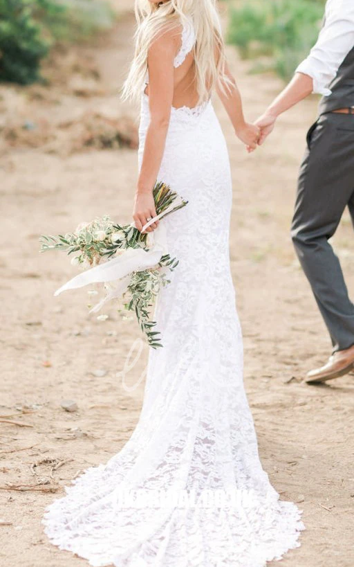 Lace High Neck Sleeveless Sheath Wedding Dress with Sweep Train Sexy & Modern