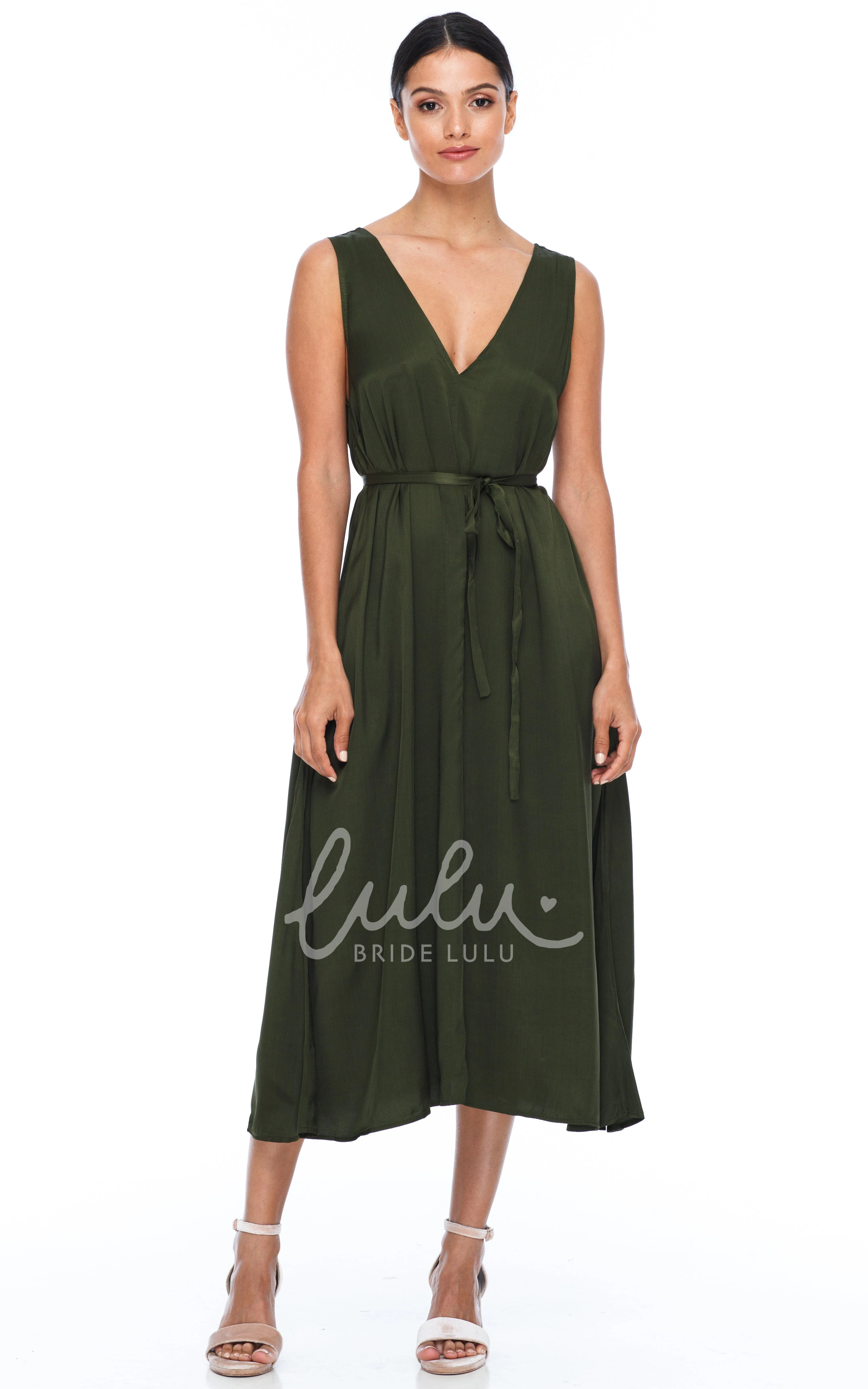 Charmeuse V-neck Bridesmaid Dress with Low-V Back and Sash Casual Bridesmaid Dress