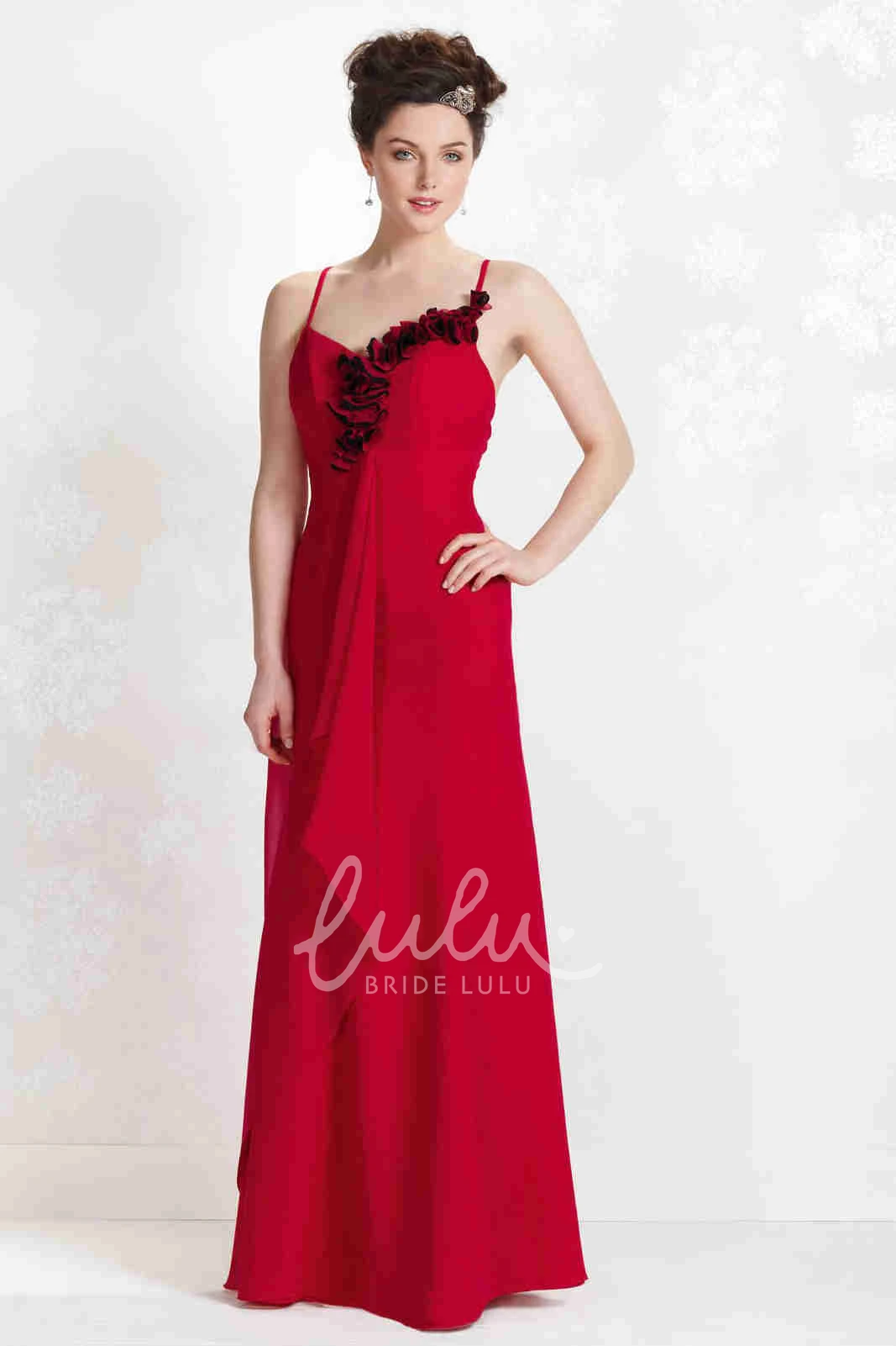 Floral Spaghetti Chiffon Bridesmaid Dress Sheath Sleeveless Floor-Length