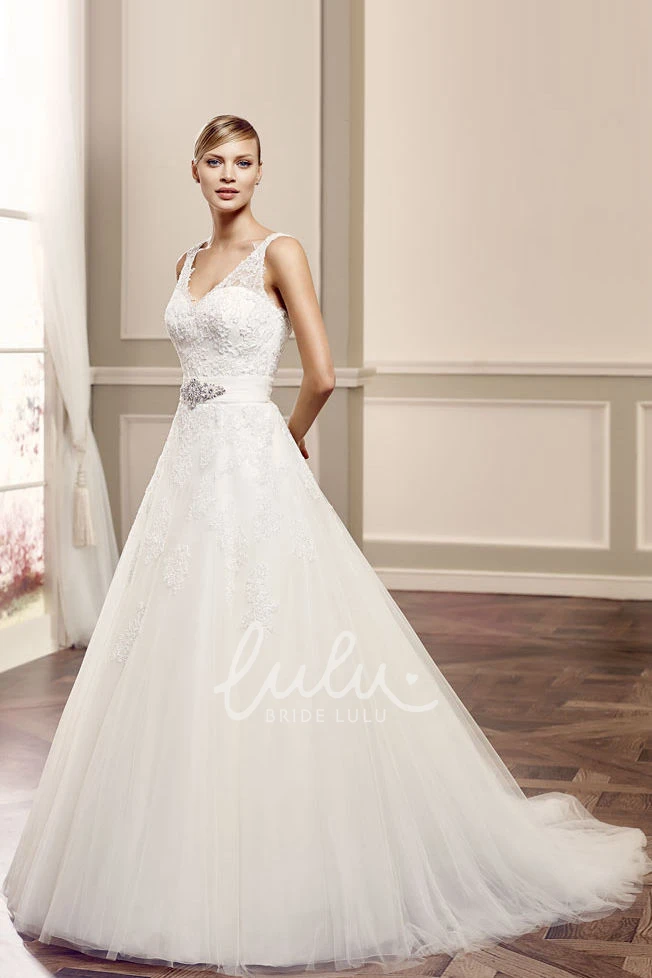 V-Neck Tulle Ball-Gown Wedding Dress with Illusion Back Flowy Bridal Gown