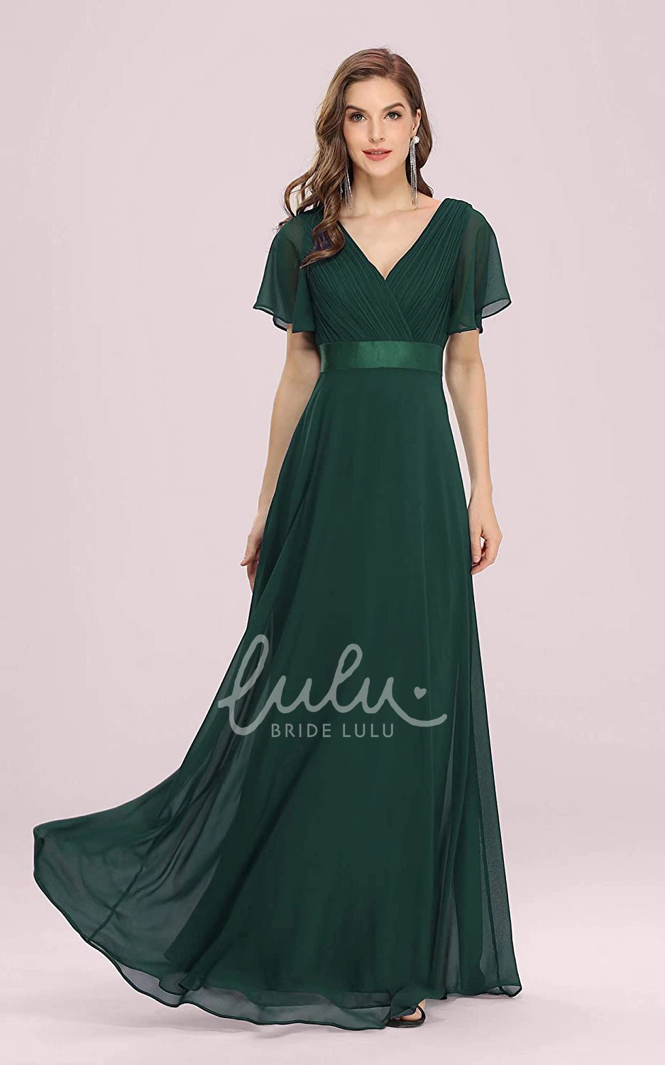 Romantic Chiffon V-neck A-line Prom Evening Dress with Ruffles and Short Sleeves Bridesmaid Dress