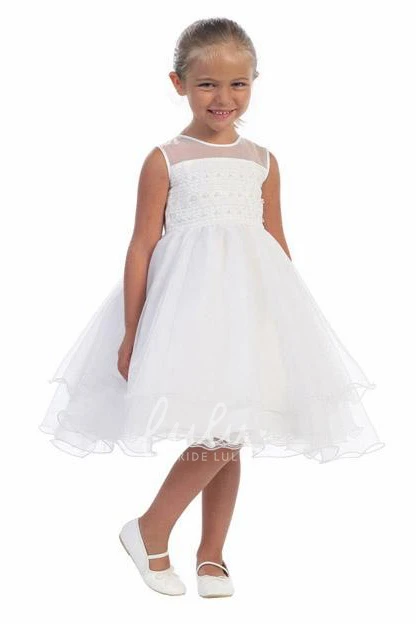 Illusion Embroidered Midi Organza Flower Girl Dress