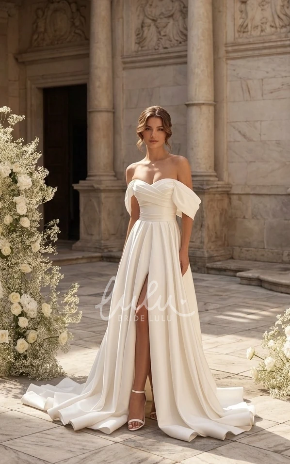 Sexy A-Line Beach Garden Off-the-Shoulder Satin Spring Wedding Dress Modern Solid Ruched Split Front Bridal Gown with Sweep Train