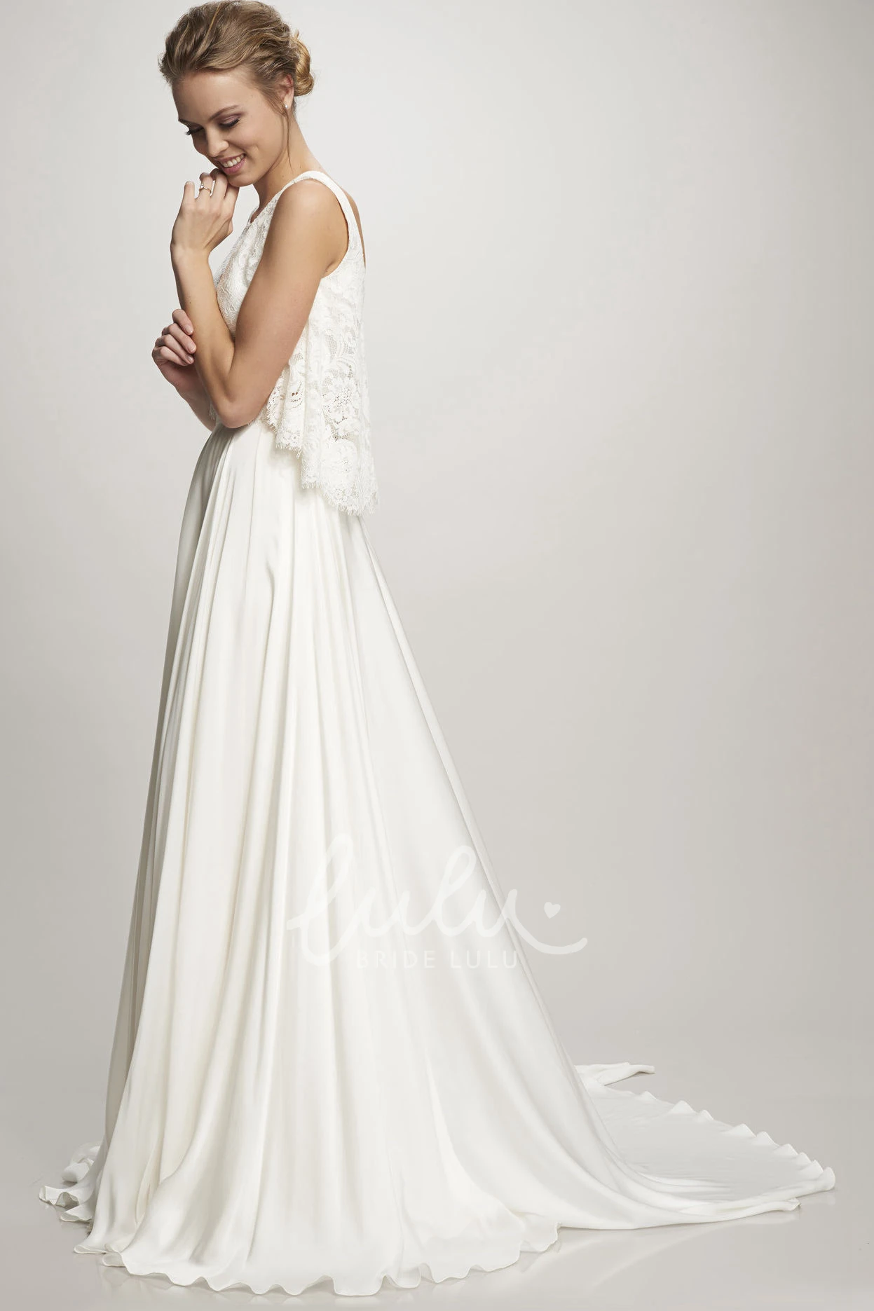 Sleeveless High Neck Chiffon Wedding Dress with Pleated Bodice Simple Bridal Gown