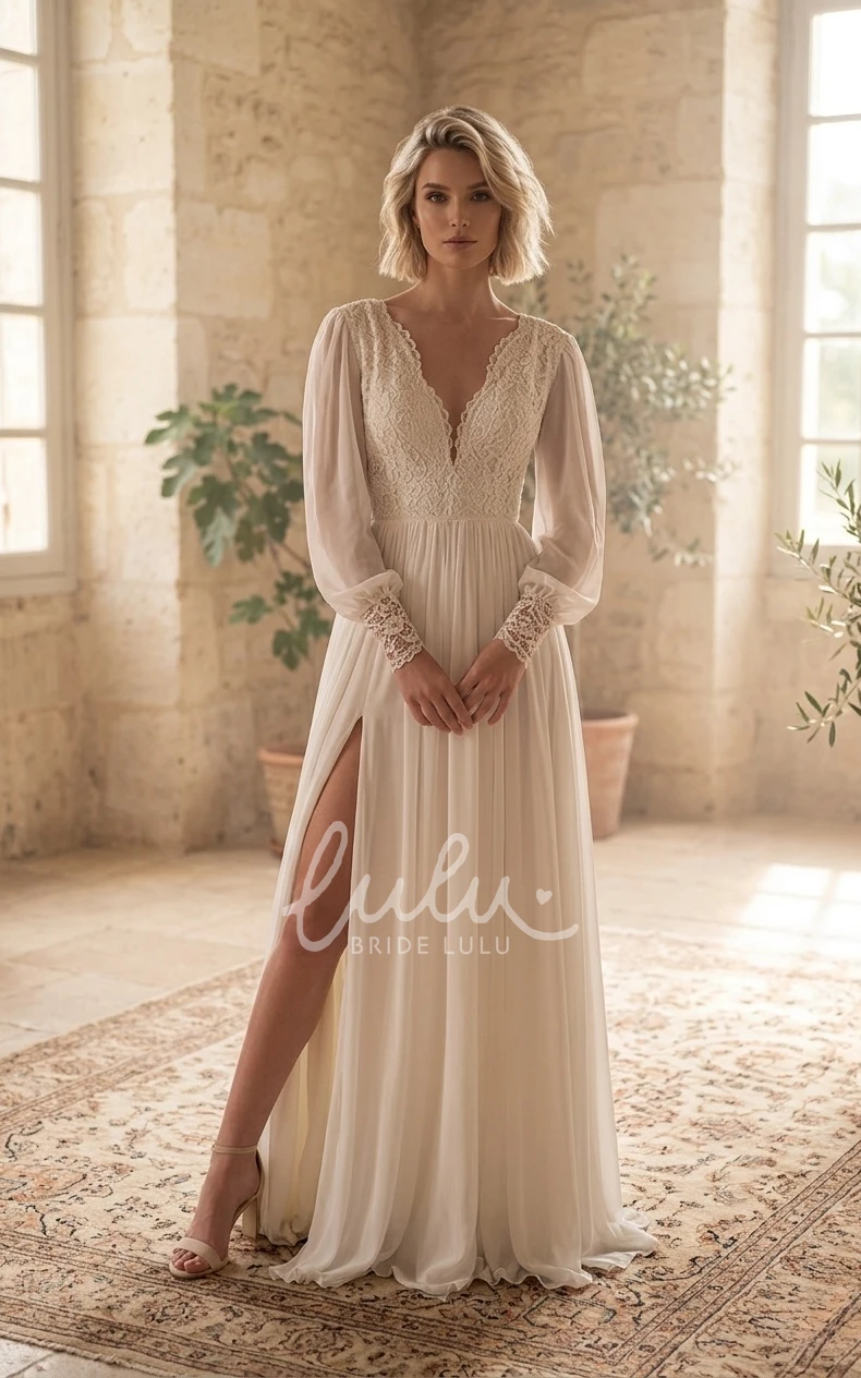 Romantic Elegant Boho Long Sleeve A-Line Lace Chiffon Spring Wedding Dress with Sash Flowy Modest Split Front V-Neck Low Back Court Train Reception Bridal Gown