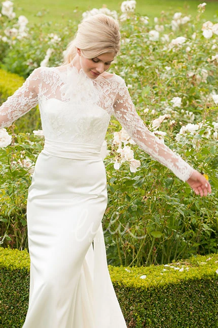 Floral Chiffon Wedding Dress with V Back and Sweep Train Long Sleeves High Neck