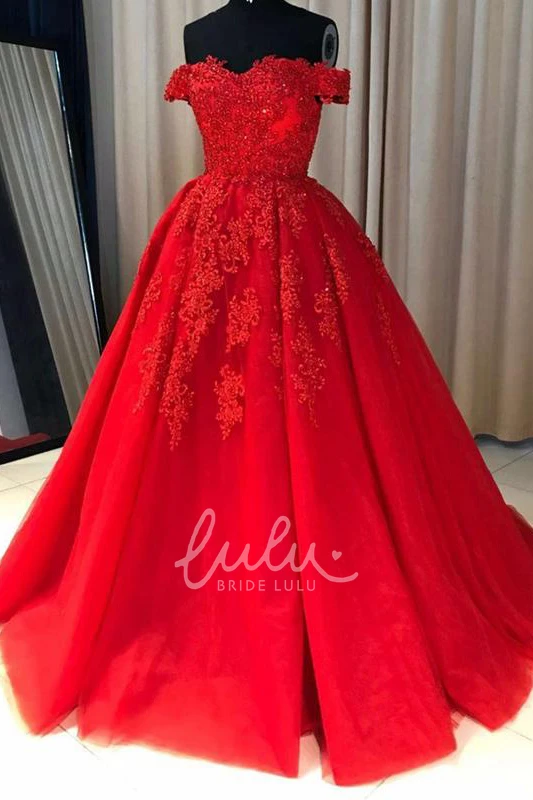 Off-Shoulder Lace Tulle Ball Gown Prom Dress with Cap Sleeves