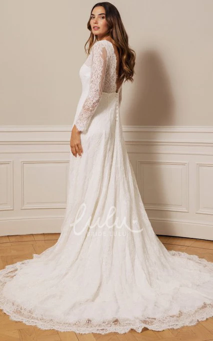 Sexy Lace A-Line Wedding Dress with Long Sleeves Deep-V Back and Court Train