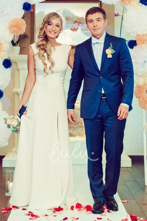 Scoop-Neck Short Sleeve Split Front Long Wedding Dress