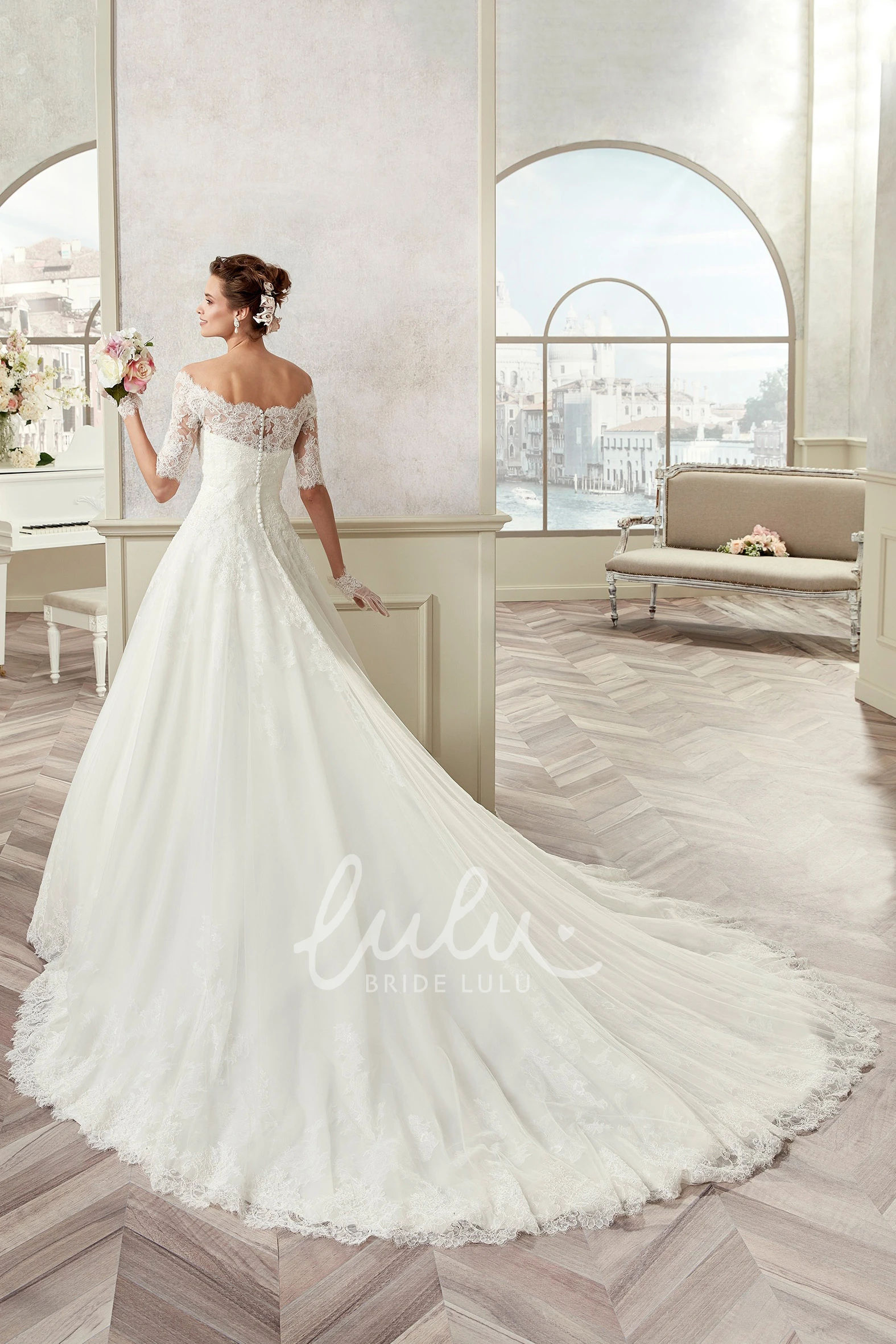 A-Line Bridal Gown with Scalloped Neckline and Half Sleeves Off-Shoulder