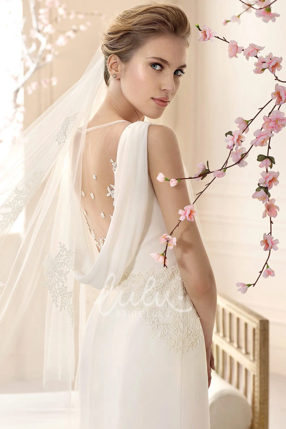 Chiffon Appliqued Cowl-Neck Wedding Dress Simple Sheath Style