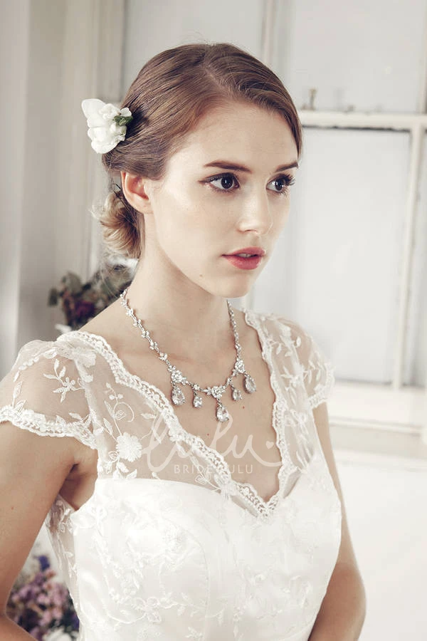 Embroidered V-Neck Chiffon Sheath Wedding Dress with Cap-Sleeves