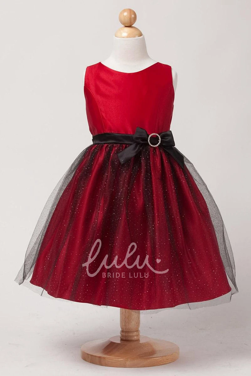 Satin Flower Girl Dress with Brooch and Tiered Bow Detail Knee-Length