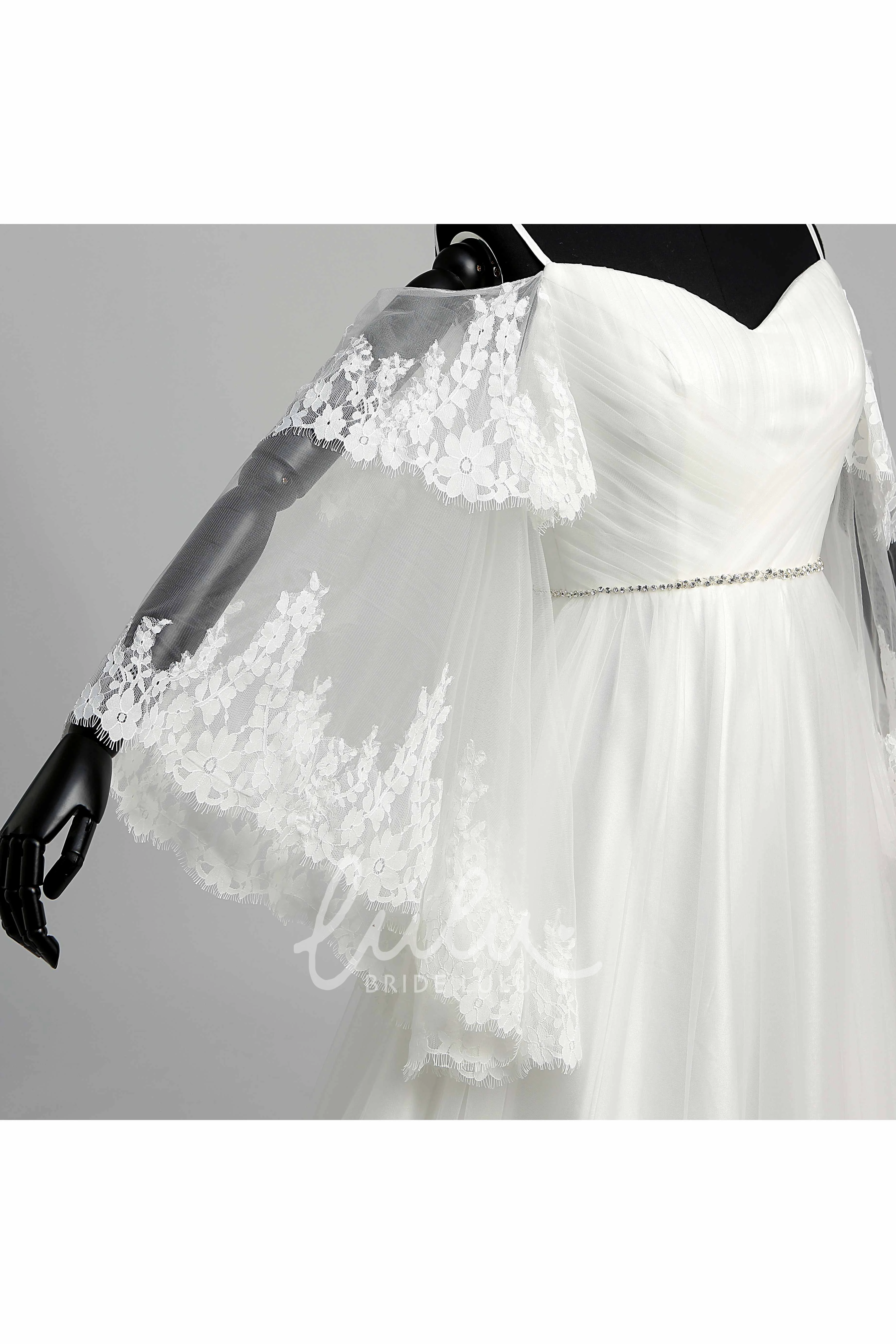 Tulle A-line Wedding Dress with Off-the-shoulder Neckline Spaghetti Straps Bell Sleeves and Illusion Details