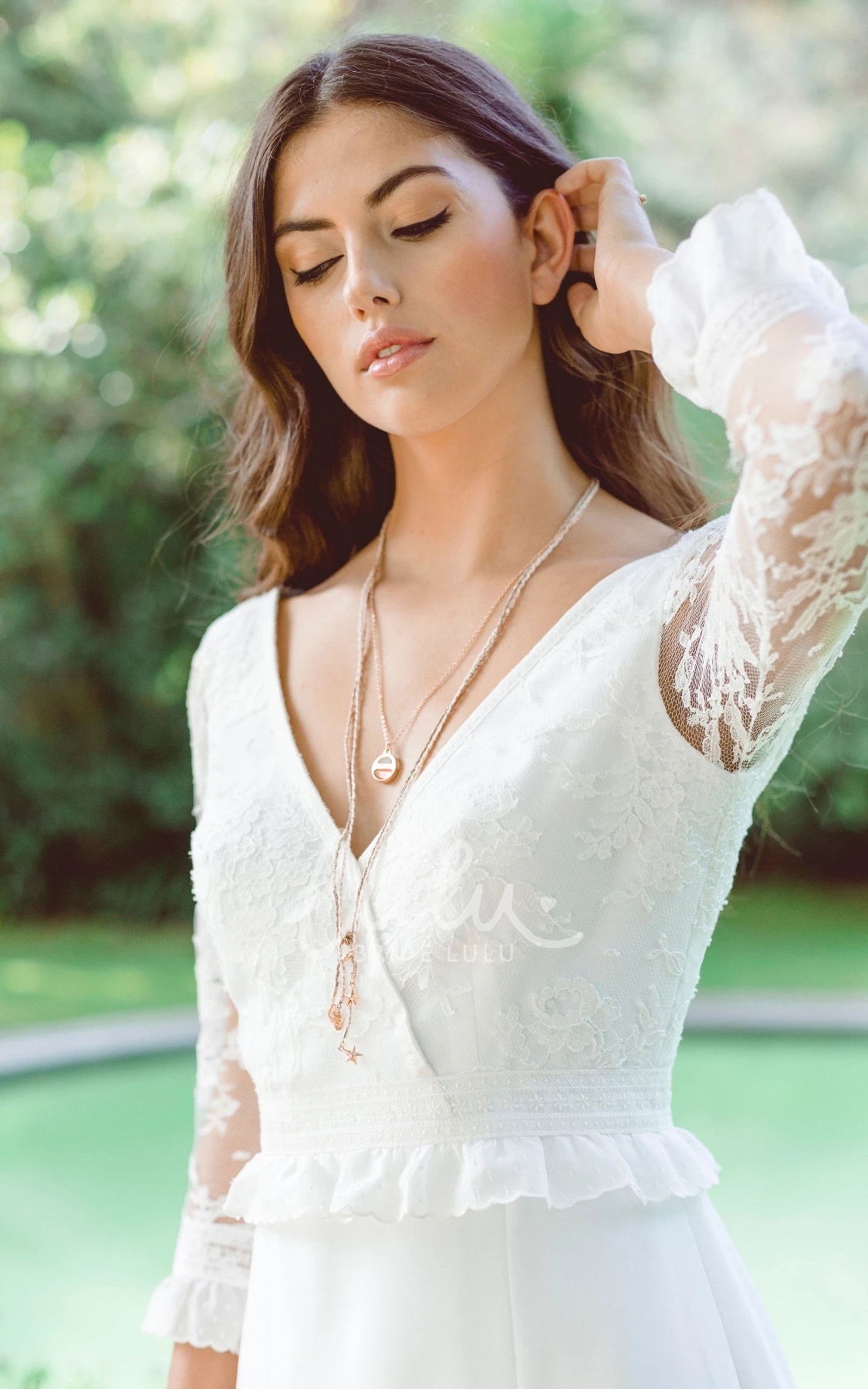 3/4 Length Sleeve Chiffon A Line Wedding Dress with Floor-length and Appliques Bohemian Style