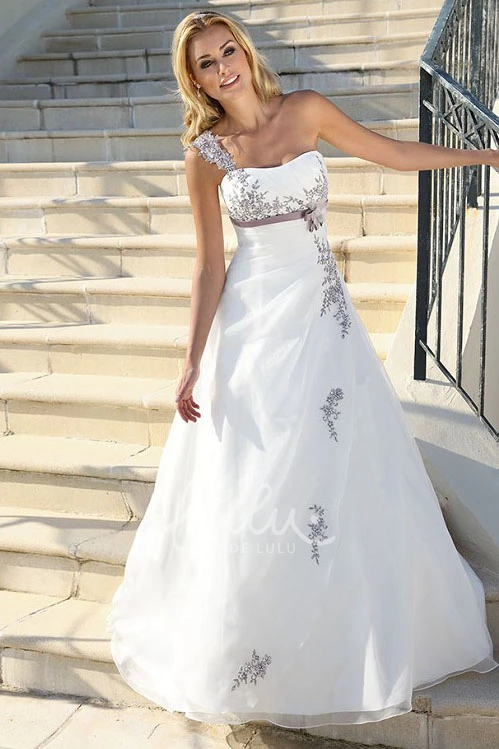 One-Shoulder Satin Wedding Dress with Ribbon Long Appliqued Bridal Gown