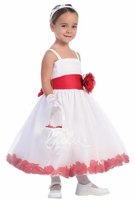 Petal-Sleeve Tea-Length Spaghetti Tulle Flower Girl Dress Unique Prom Dress