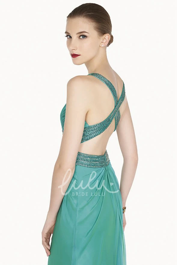 V-Neck Sheath Prom Dress with Crystal Criss Cross Straps Long Flowy Women