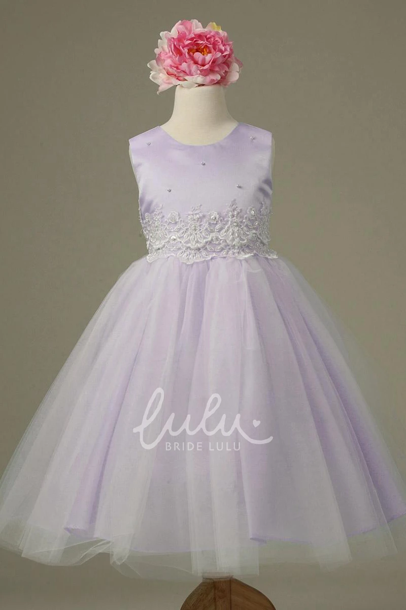 Tulle and Lace Tiered Floral Flower Girl Dress Tea-Length
