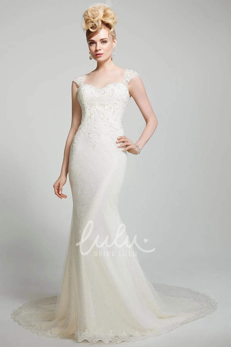 Illusion Back Cap-Sleeve Lace Trumpet Wedding Dress with Chapel Train