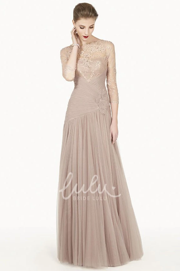 Lace Top Tulle Long Prom Dress with Illusion Back and 3-4 Sleeve