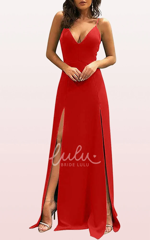 Elegant Sleeveless Satin V-neck A Line Mother Dress with Split Front Evening Dress