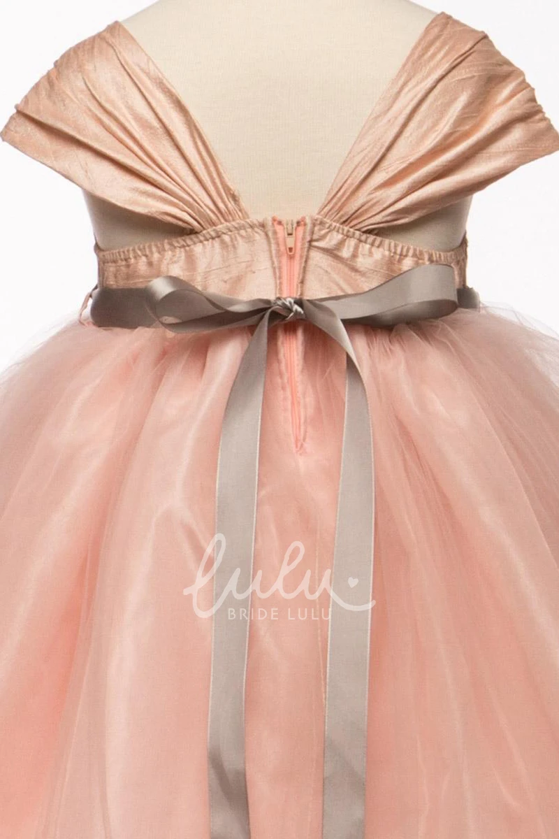 Cap-Sleeved Tulle & Satin Empire Tea-Length Flower Girl Dress with Ruching
