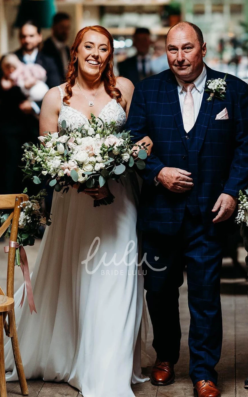 Spaghetti Plus Size Sleeveless Sexy Plunging Neckline A-Line Lace Wedding Dress Floor-length