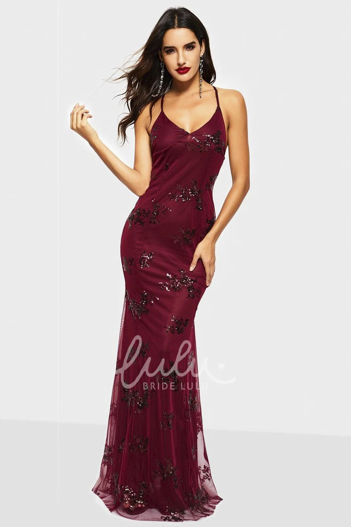 Sexy V-neck Sheath Tulle Formal Dress with Sequin Appliques and Straps