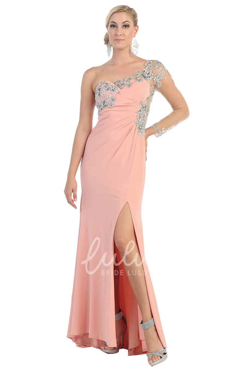 One-Shoulder Jersey Formal Dress with Split Front and Beading Sheath Long Sleeve