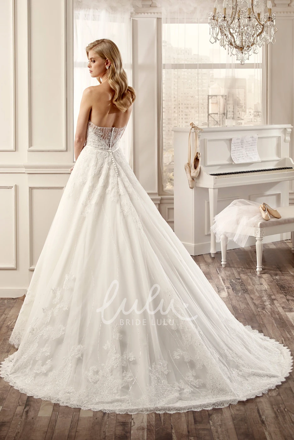 A-Line Lace Appliques Brush Train Winter Wedding Dress Strapless Style