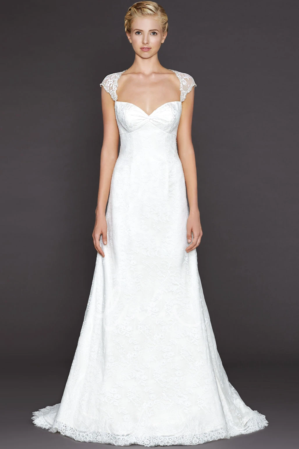 Lace Wedding Dress with Appliques and Keyhole A-Line Long Queen Anne