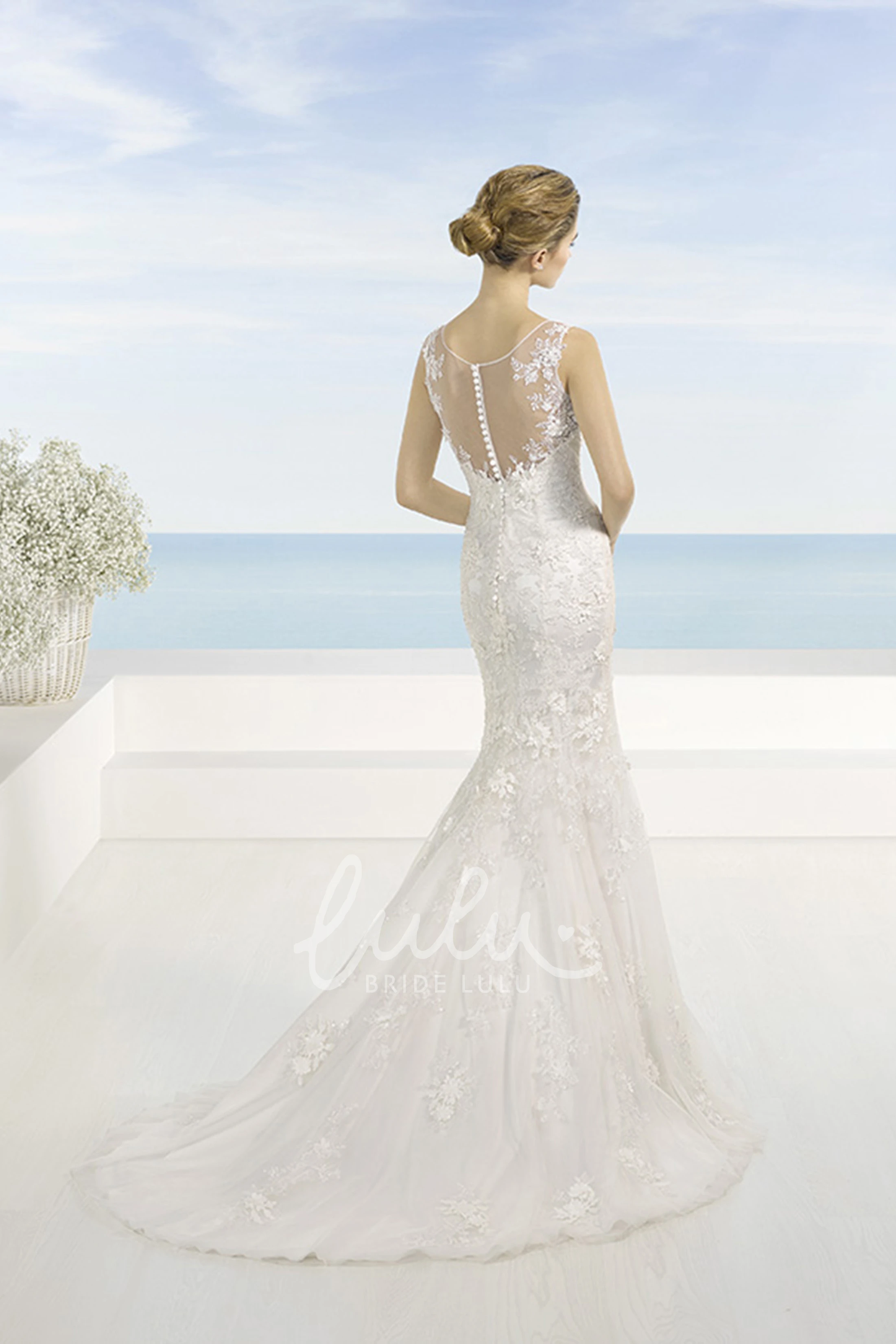 V-Neck Appliqued Lace Wedding Dress with Court Train and Illusion Back Unique Wedding Dress