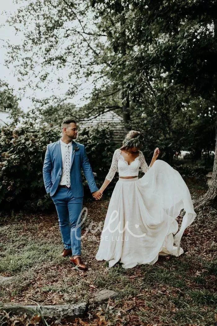 Two Piece Lace Wedding Dress with Ruching V-neck and Sweep Brush Train